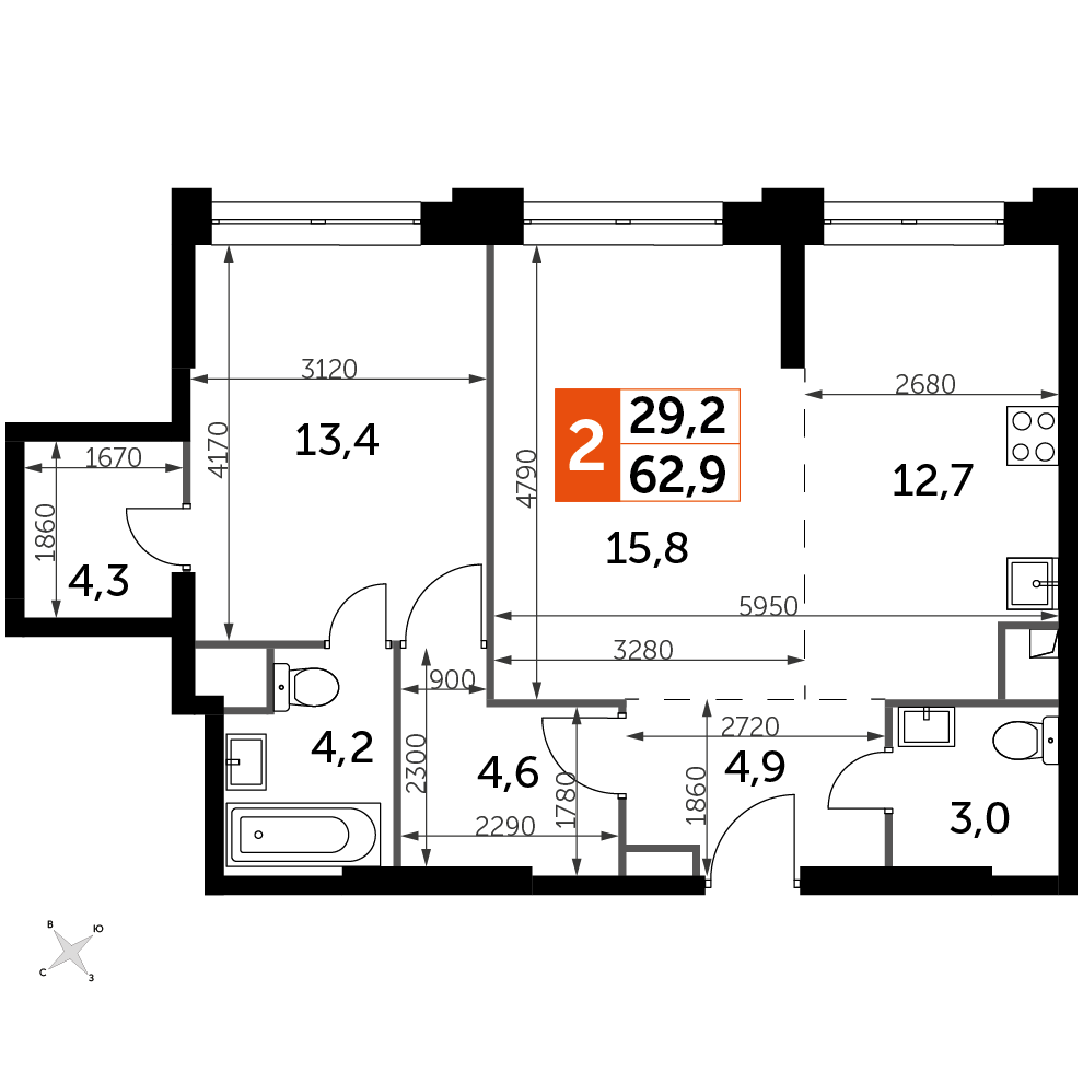 2 комн. квартира, 62.9 м², 29 этаж 