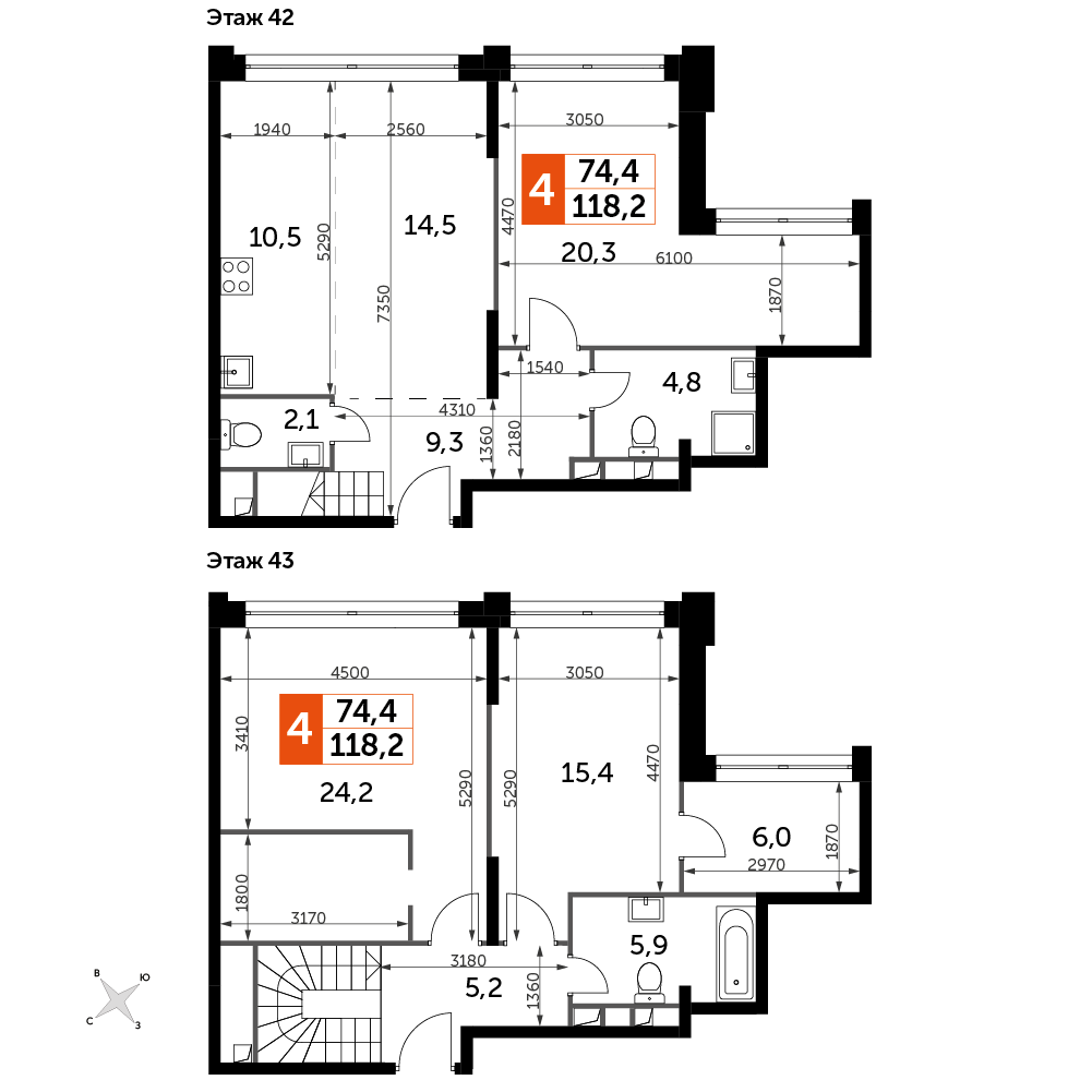 4 комн. квартира, 118.2 м², 42 этаж 