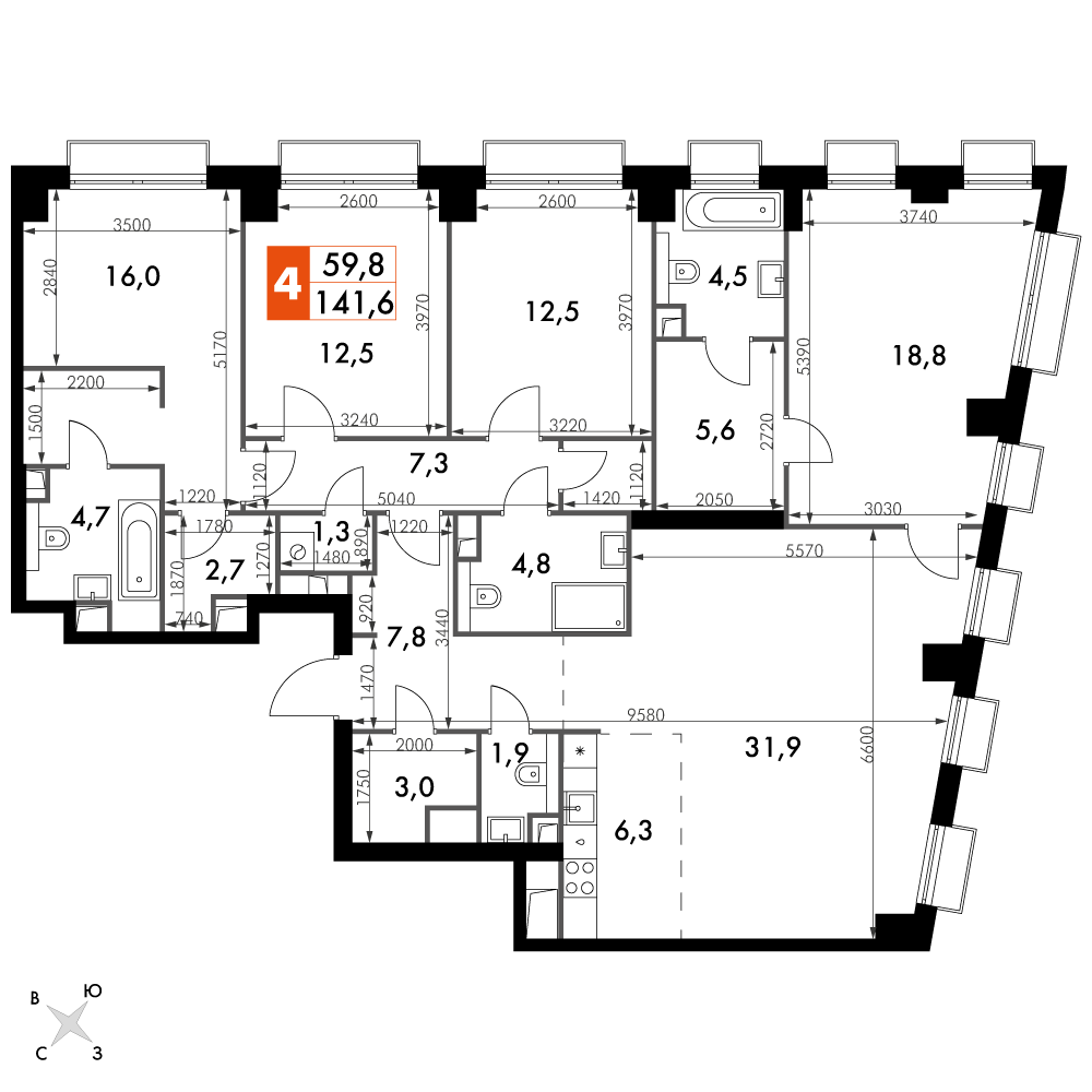 4 комн. квартира, 141.6 м², 36 этаж 