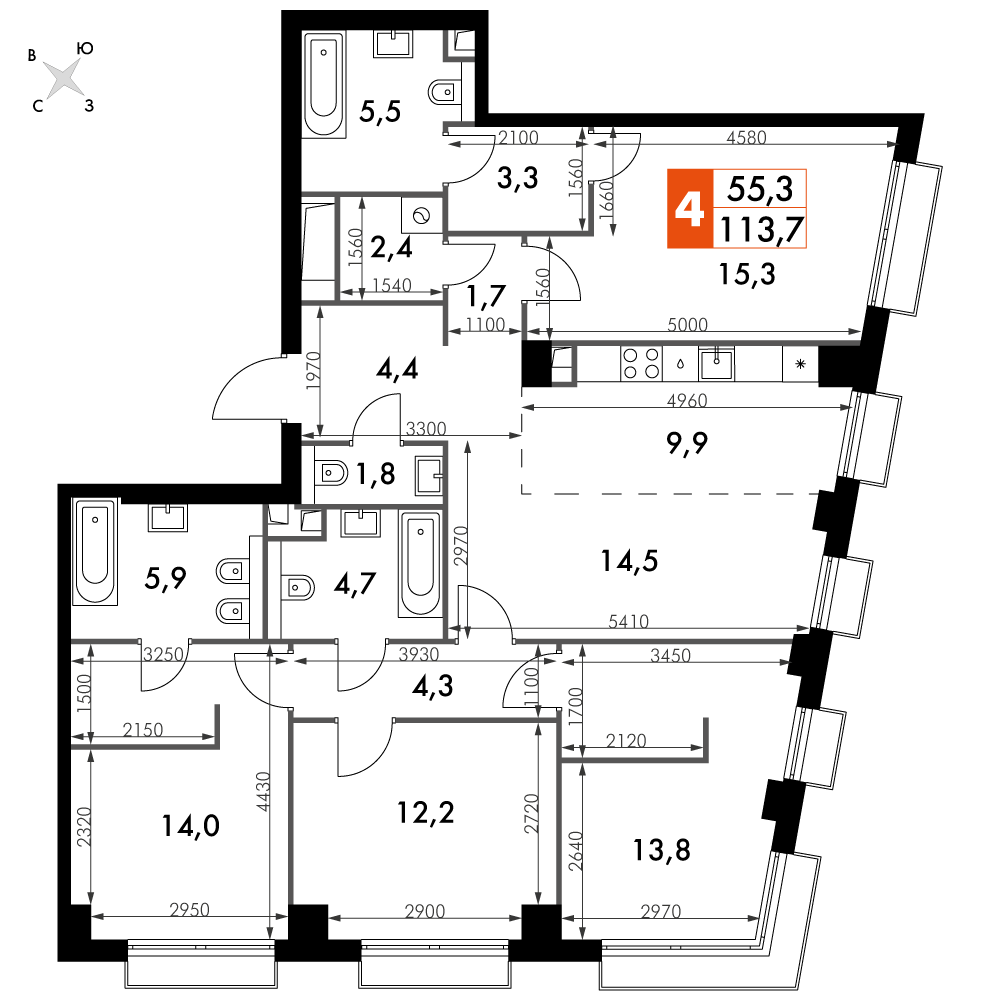 4 комн. квартира, 113.7 м², 37 этаж 