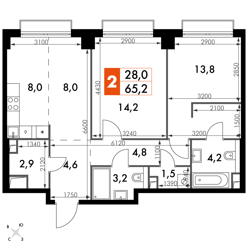 2 комн. квартира, 65.2 м², 7 этаж 