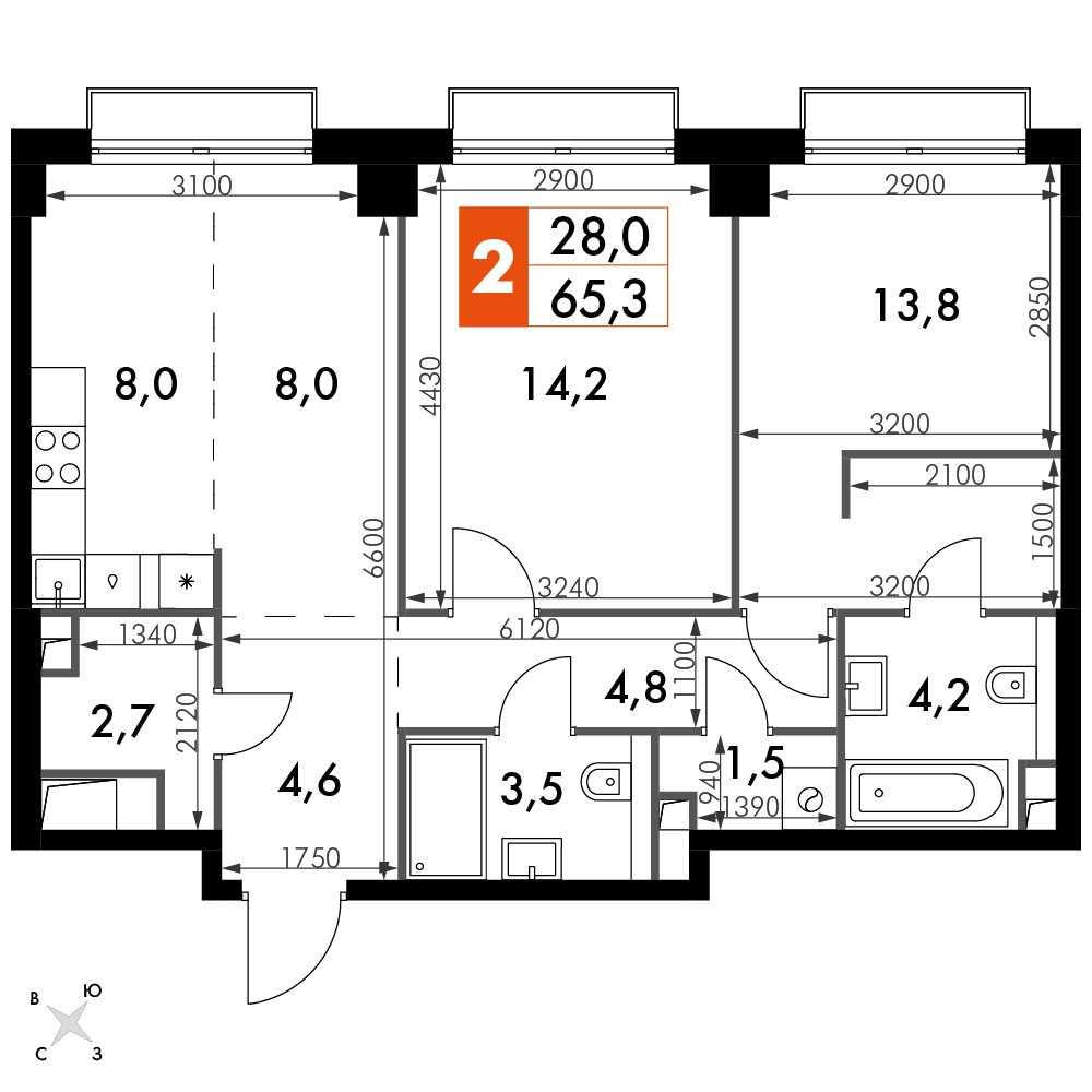 2 комн. квартира, 65.3 м², 22 этаж 