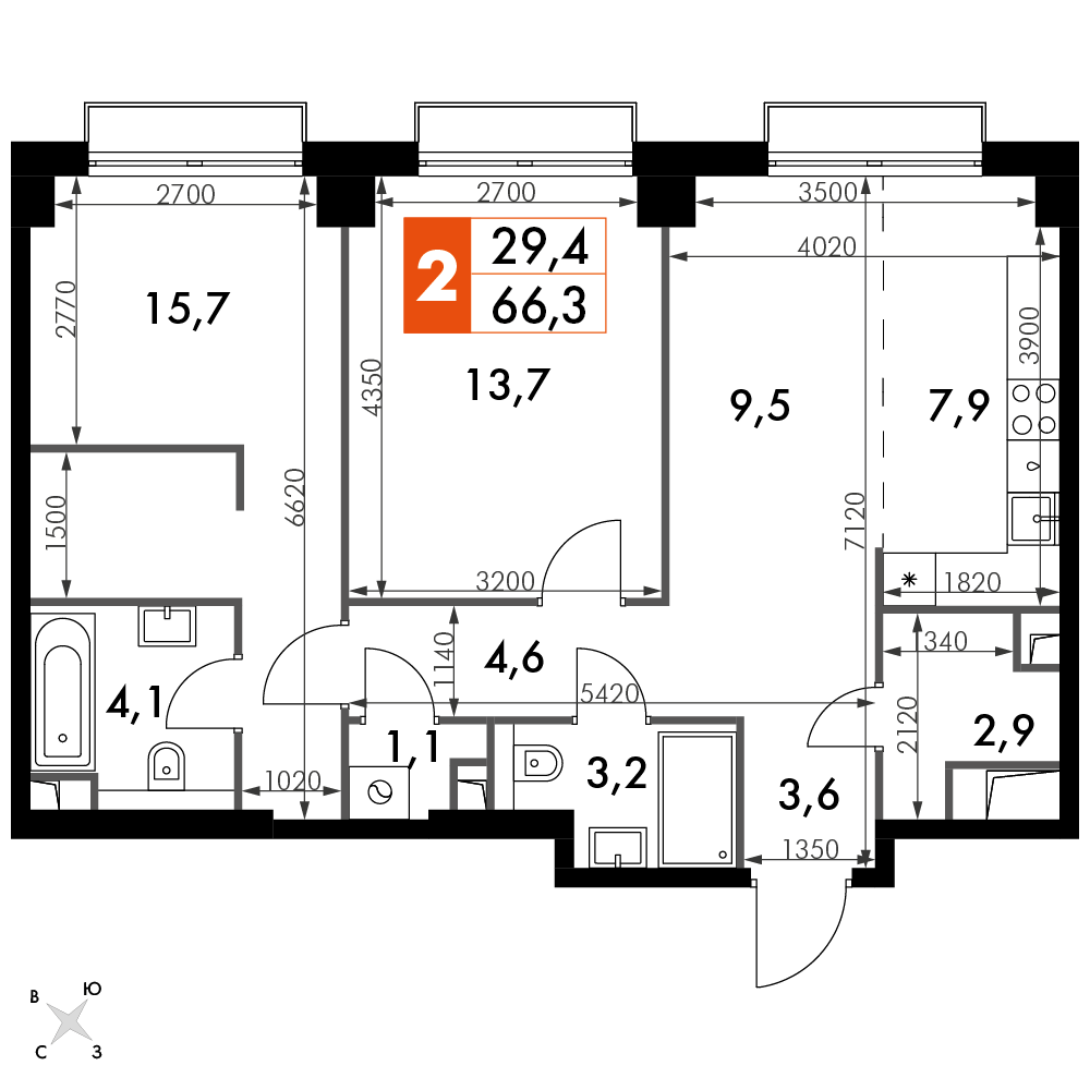 2 комн. квартира, 66.3 м², 25 этаж 