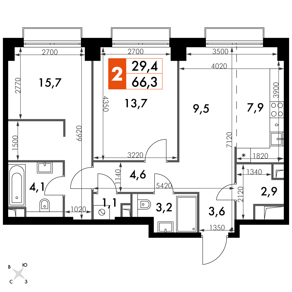 2 комн. квартира, 66.3 м², 27 этаж 