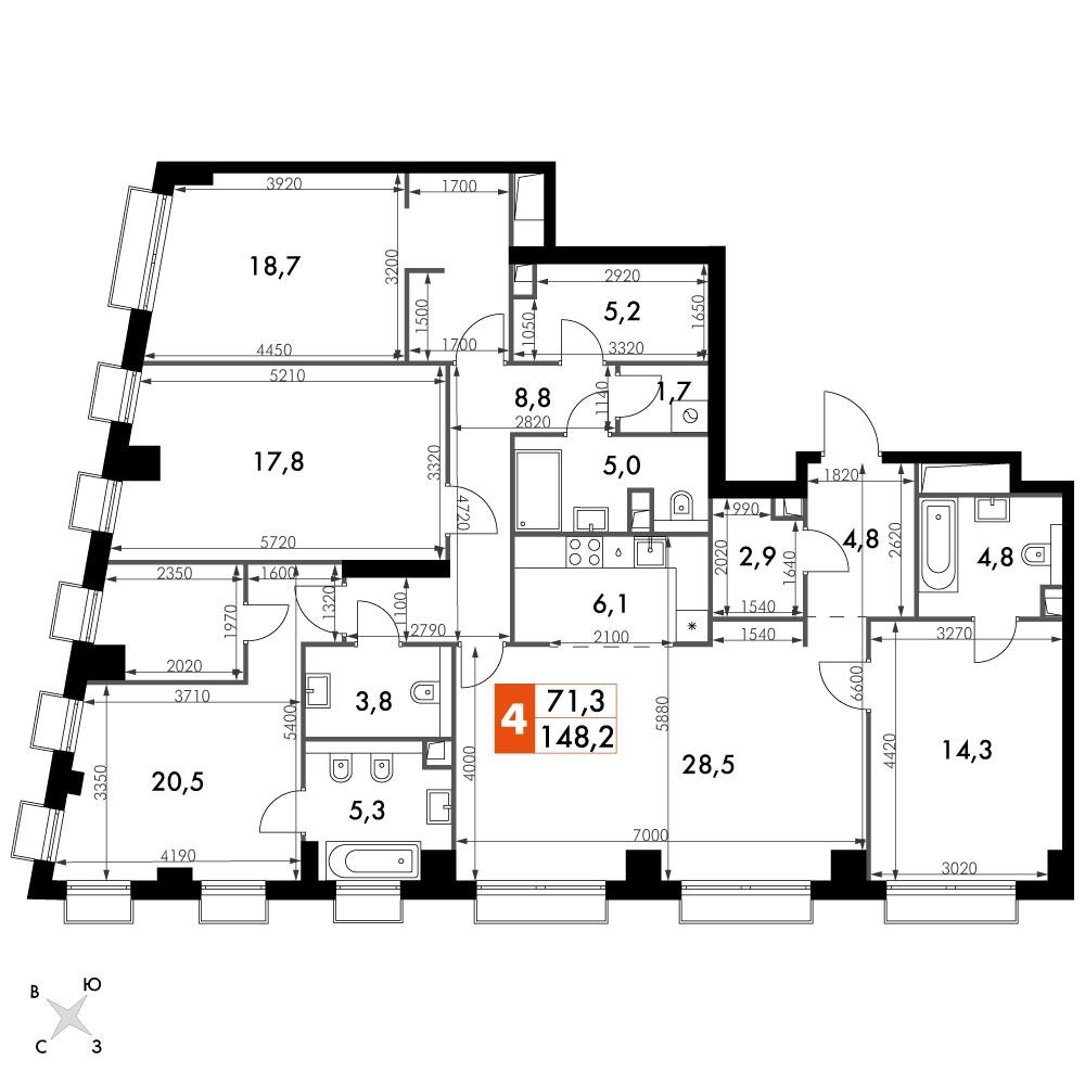 4 комн. квартира, 148.2 м², 43 этаж 