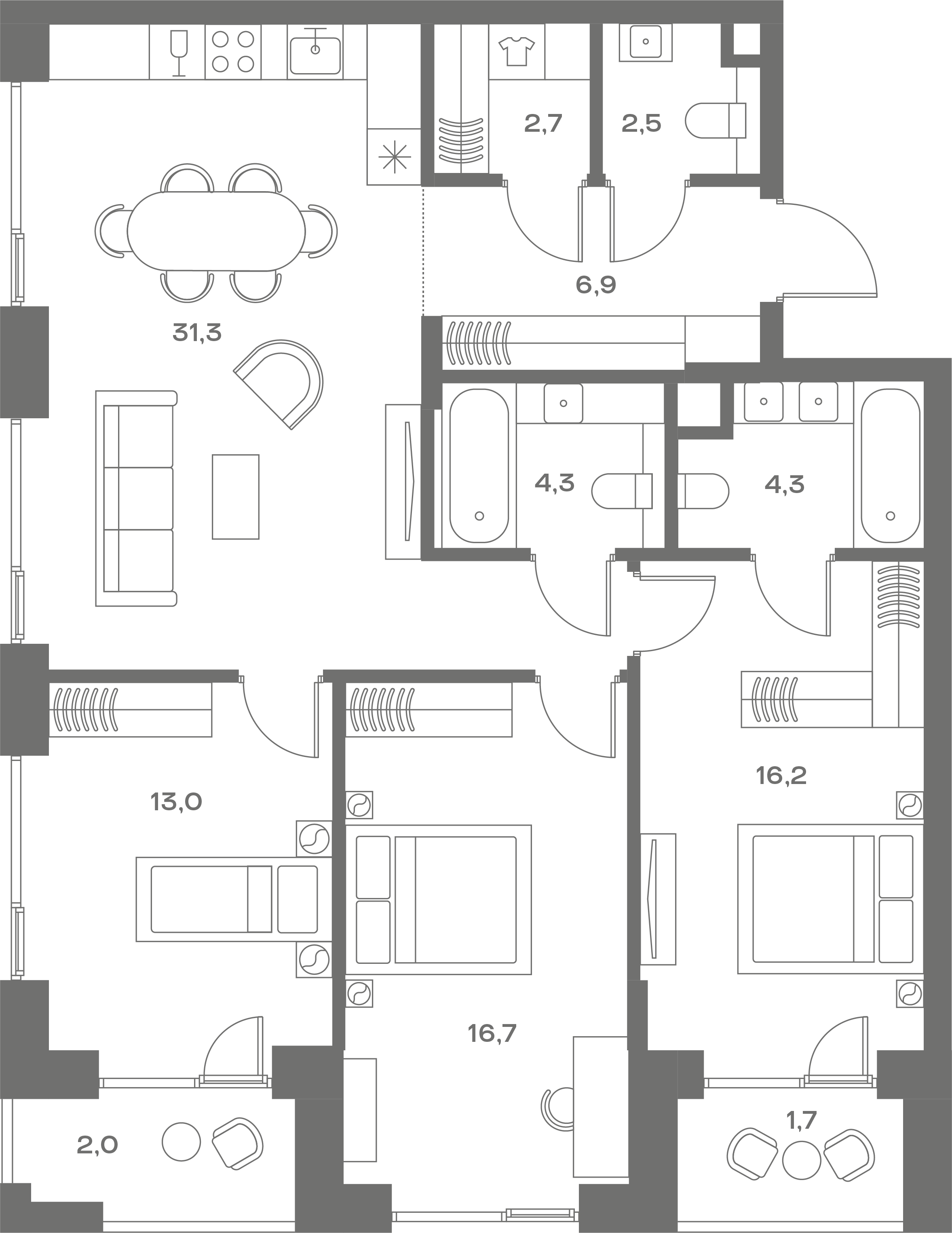 3 комн. квартира, 101.6 м², 3 этаж 
