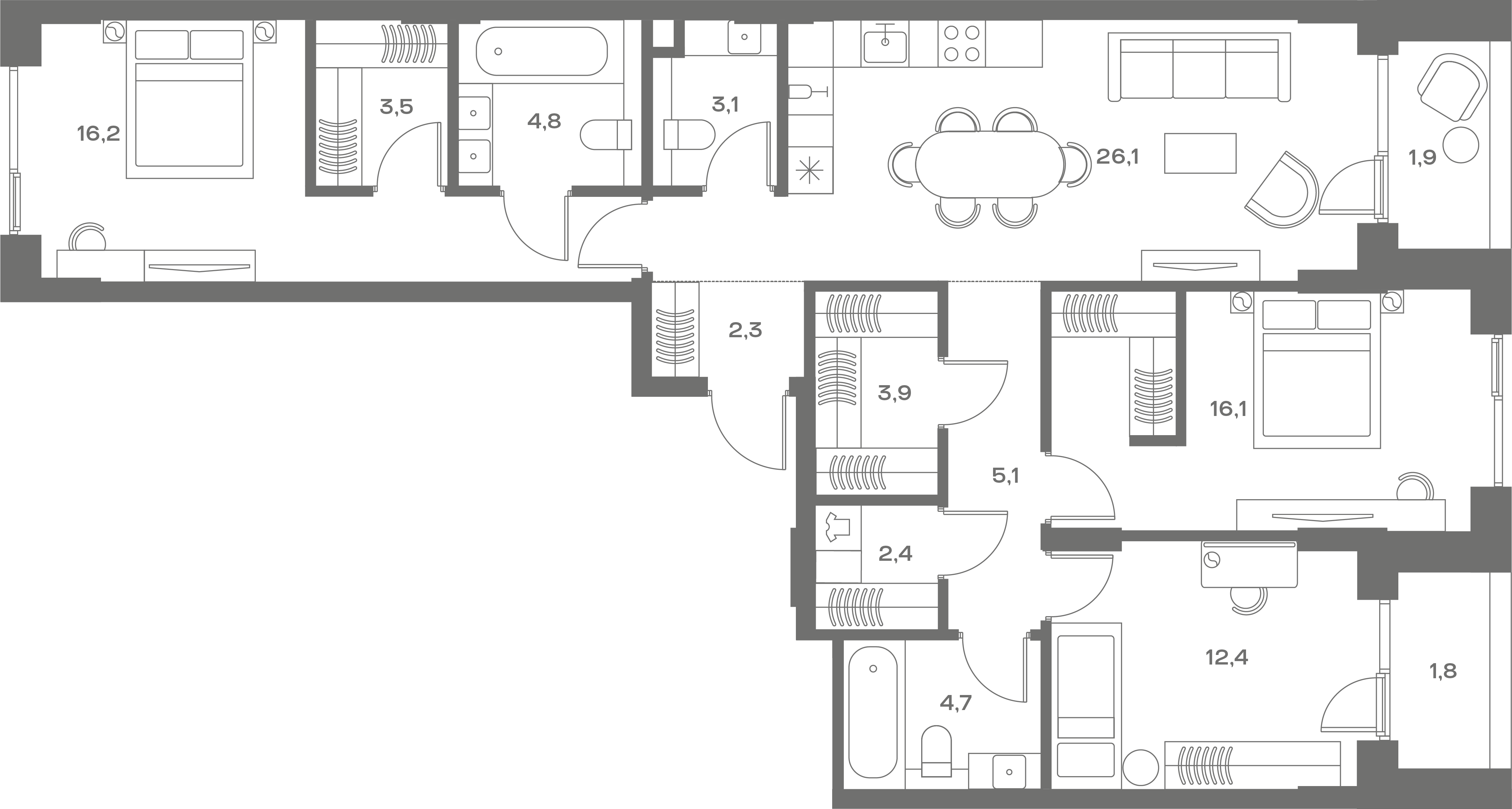3 комн. квартира, 104.3 м², 2 этаж 