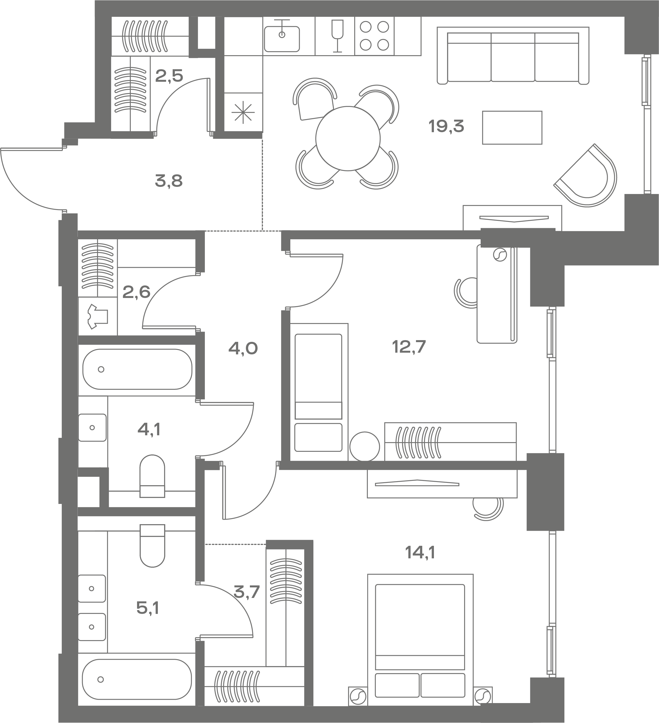 2 комн. квартира, 71.9 м², 6 этаж 