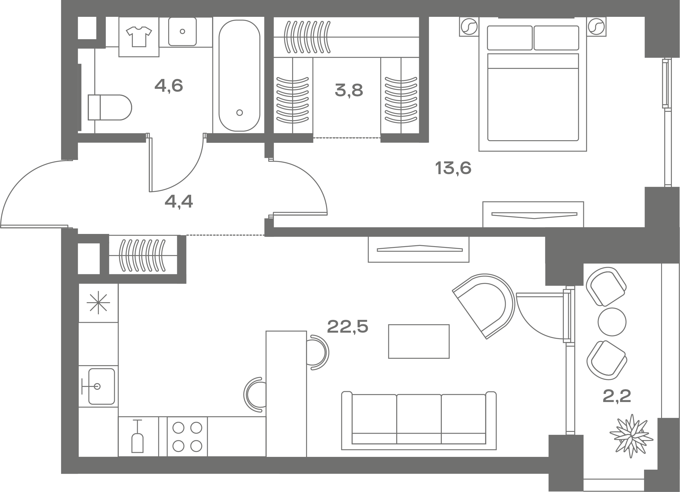 1 комн. квартира, 51.1 м², 2 этаж 