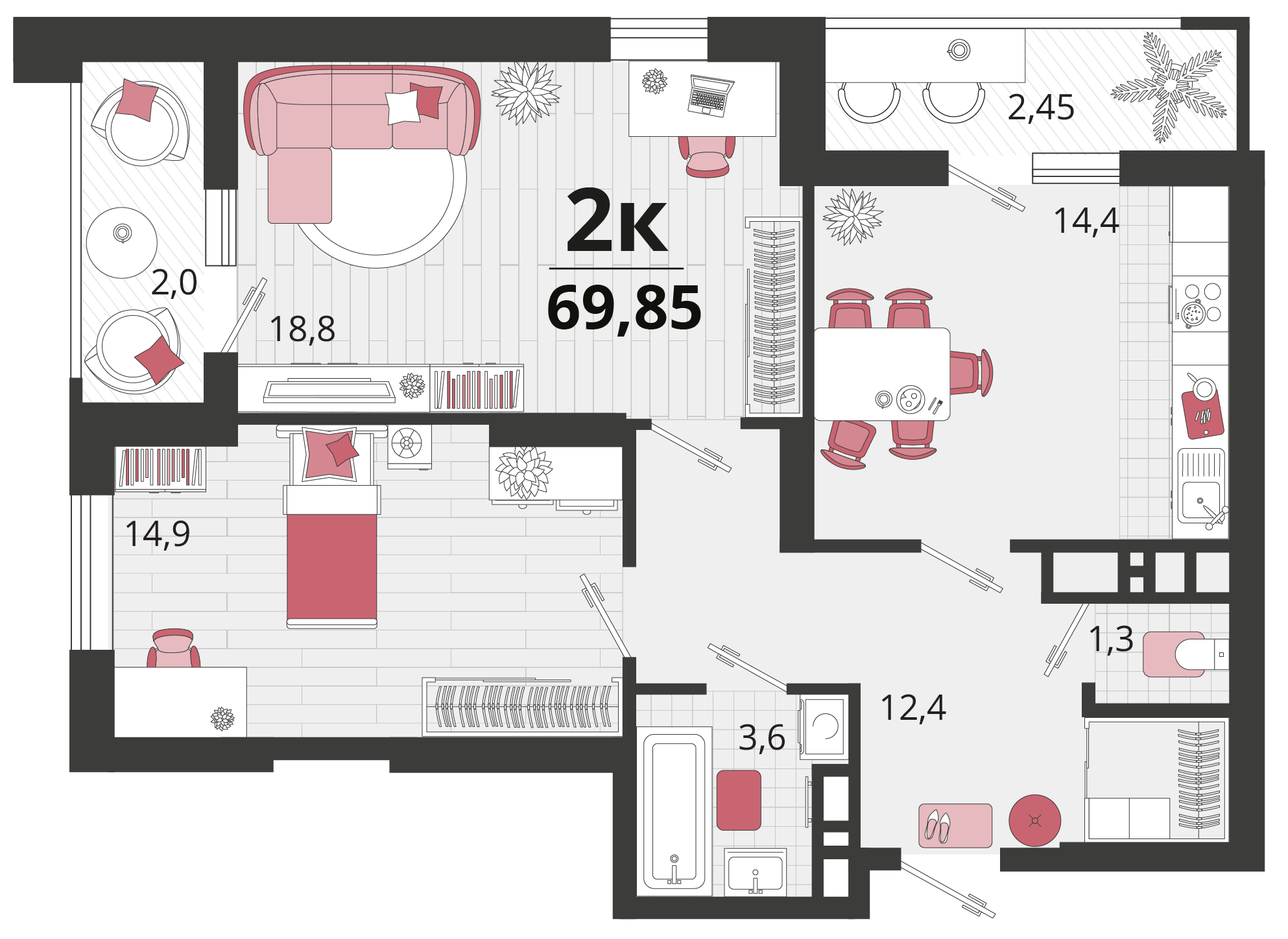 2 комн. квартира, 69.8 м², 3 этаж 