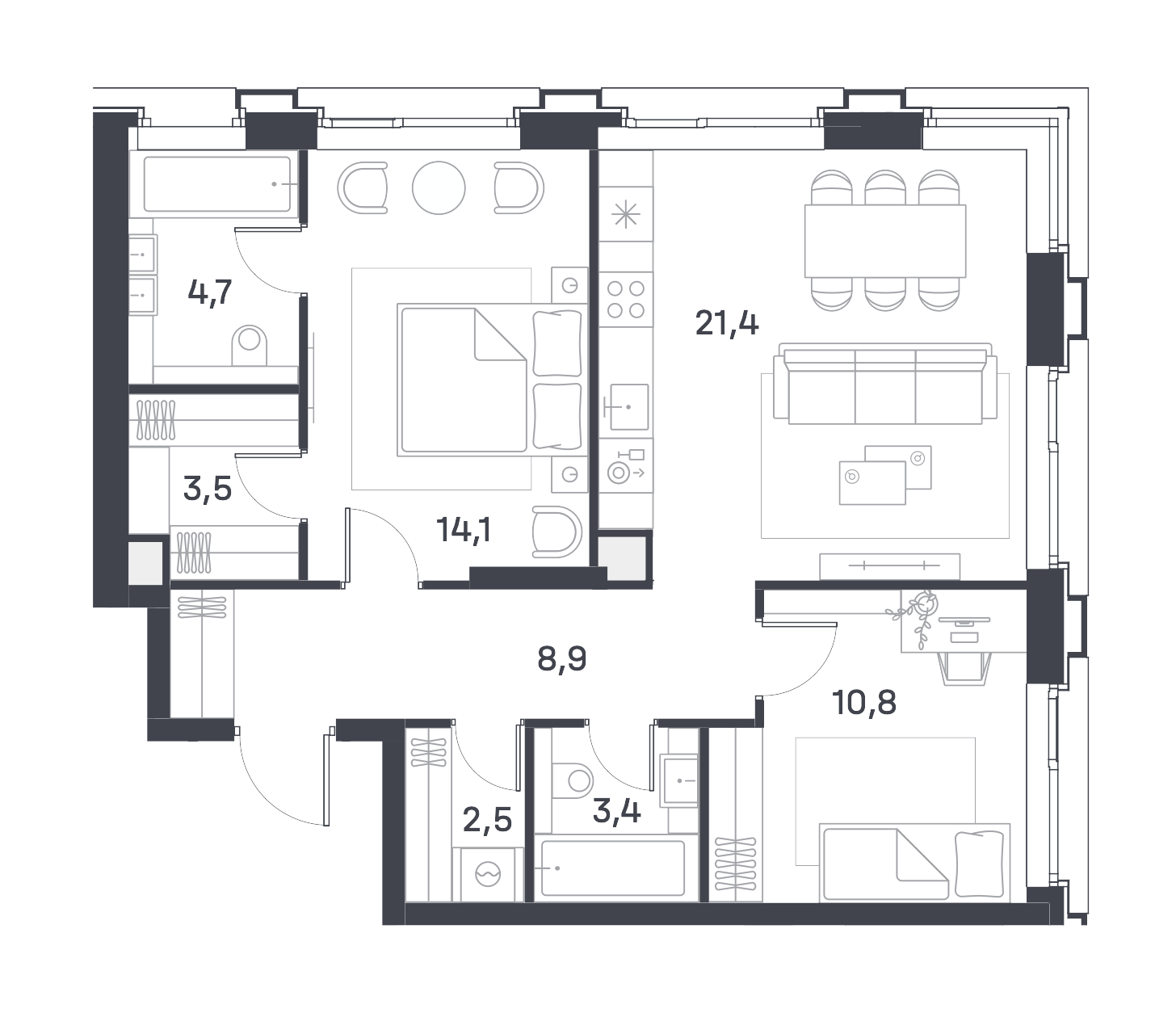 2 комн. квартира, 69.3 м², 24 этаж 