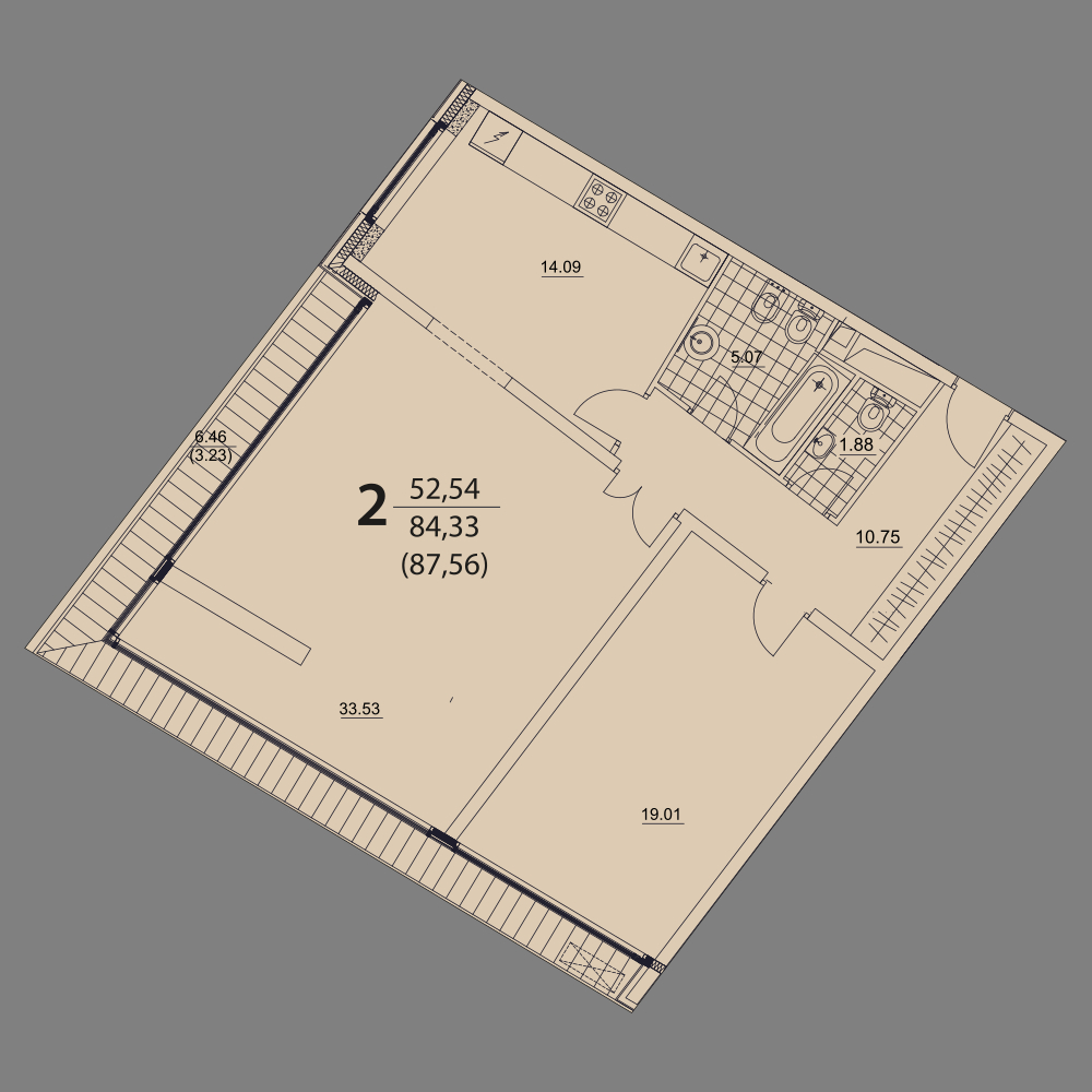2 комн. квартира, 97.9 м², 7 этаж 