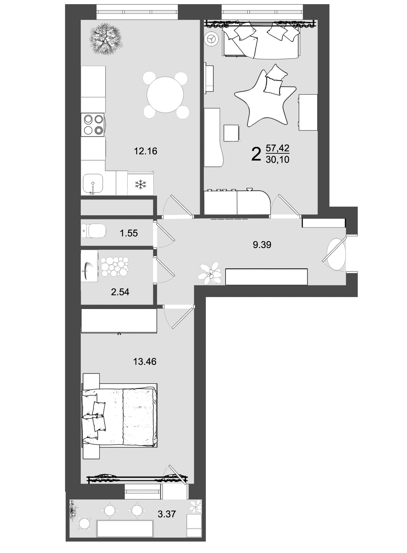 2 комн. квартира, 57.4 м², 3 этаж 