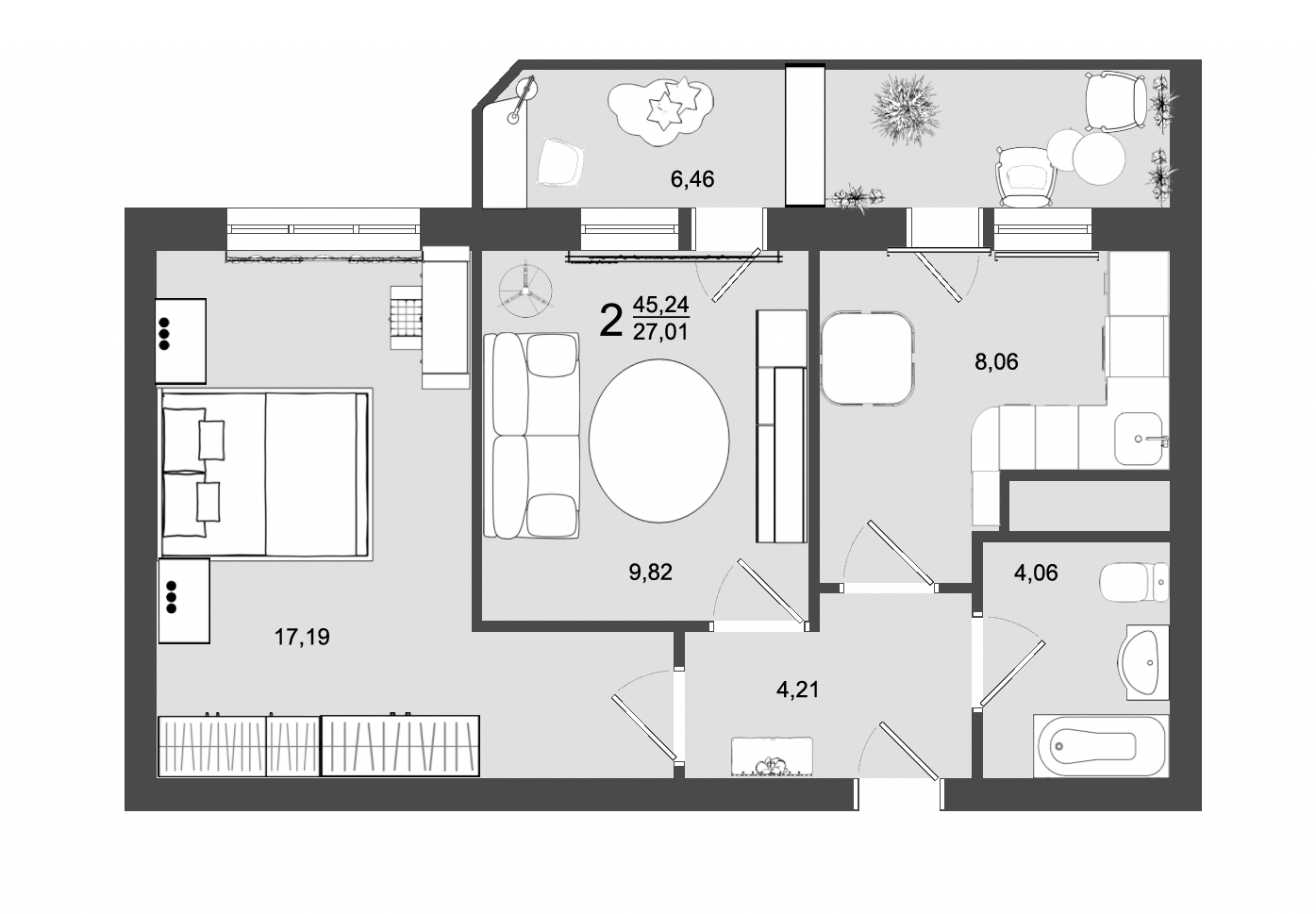 2 комн. квартира, 45.2 м², 6 этаж 