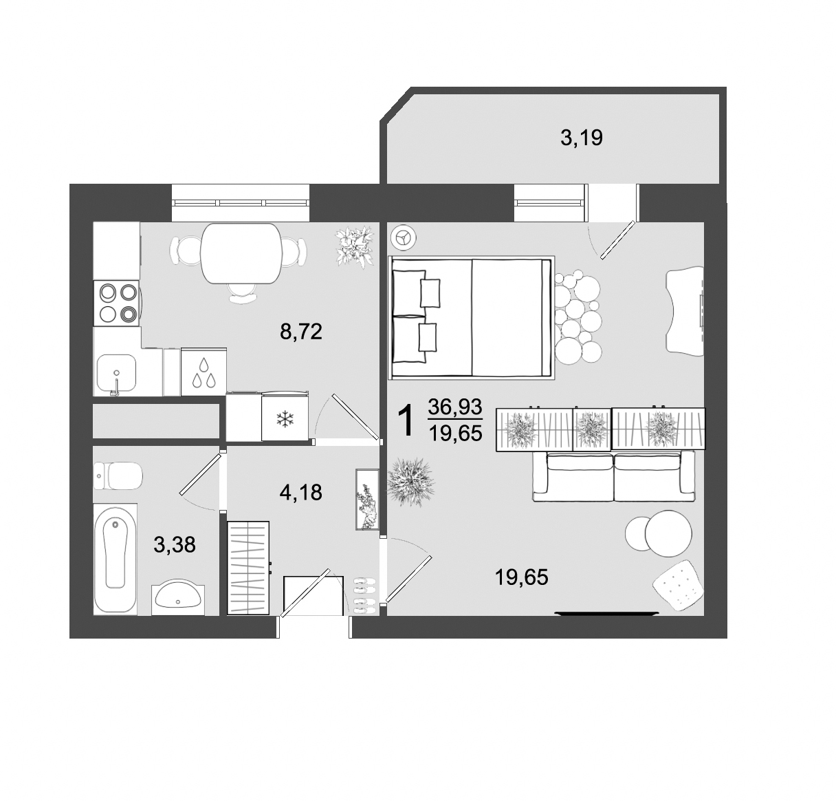 1 комн. квартира, 36.9 м², 9 этаж 