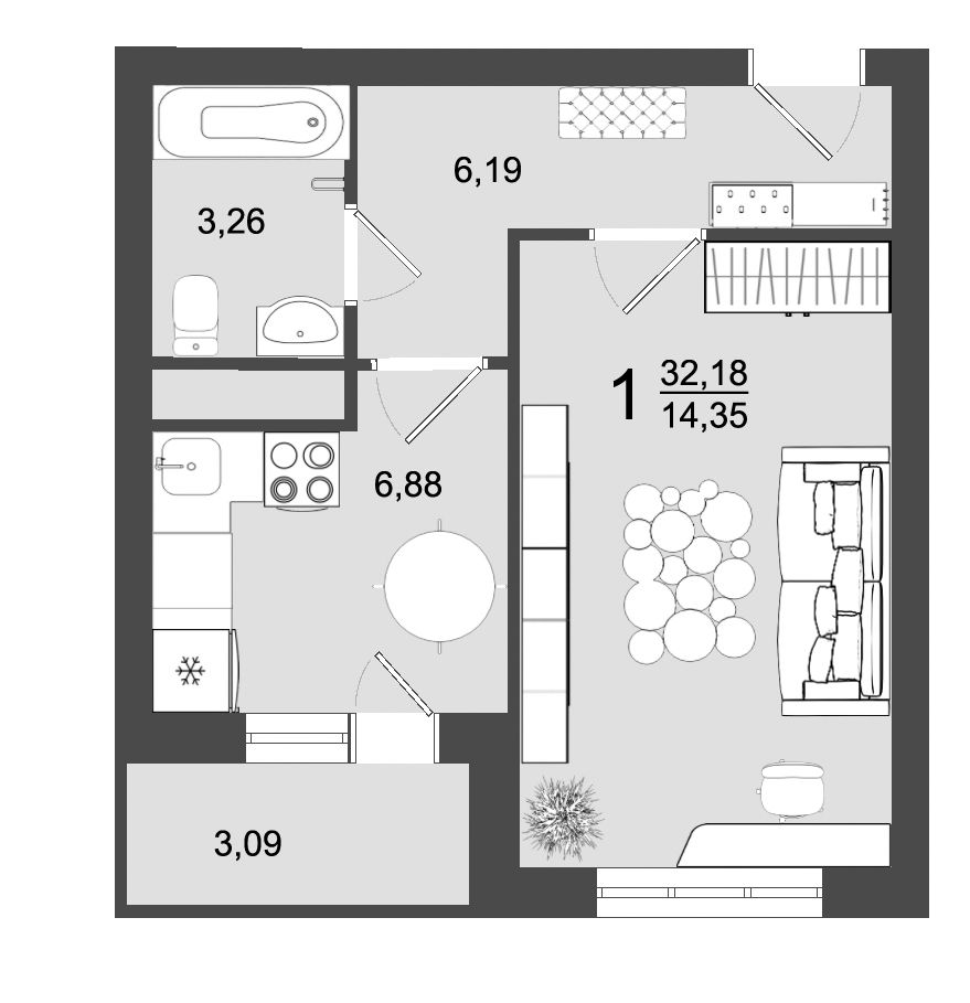 1 комн. квартира, 32.2 м², 5 этаж 