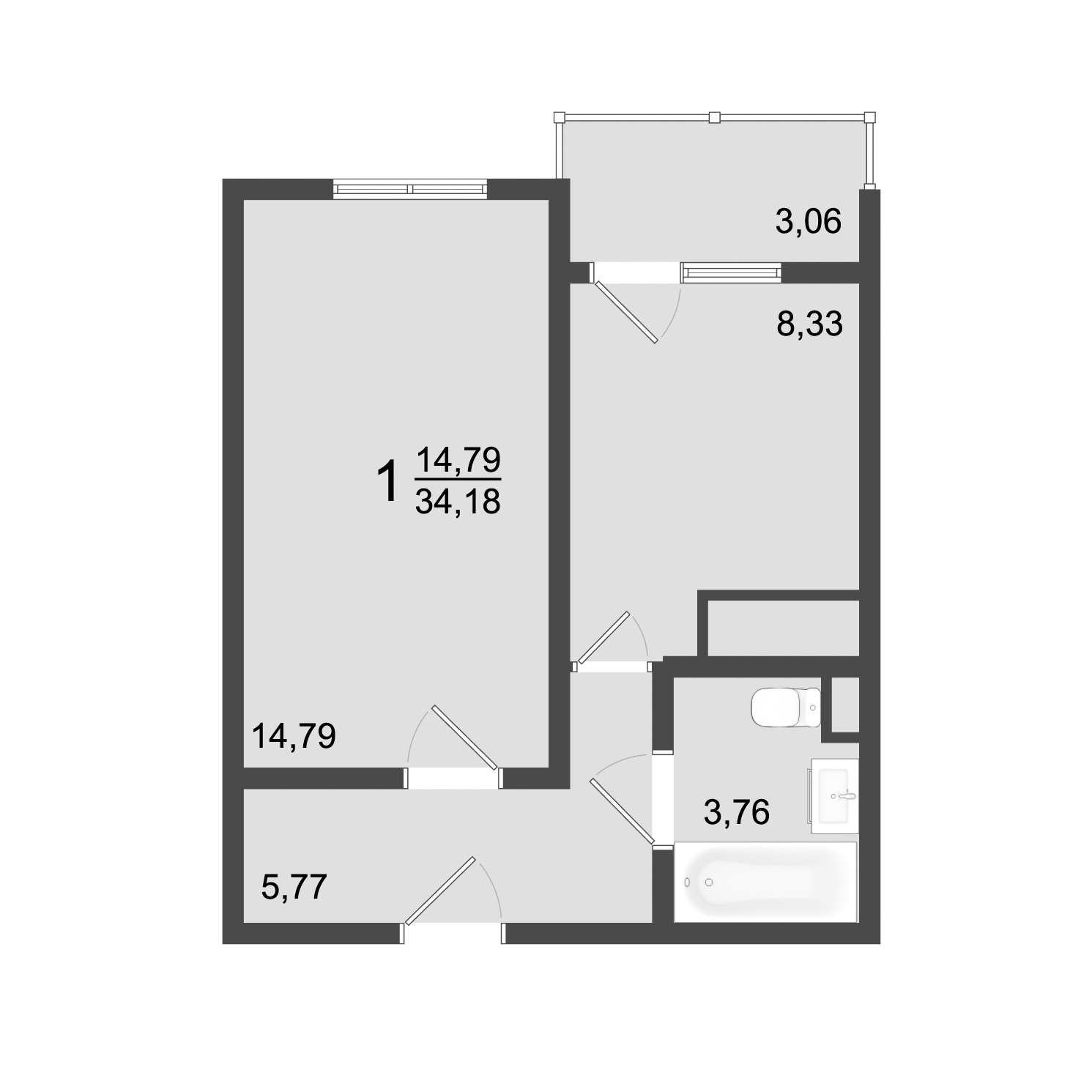 1 комн. квартира, 34.2 м², 3 этаж 