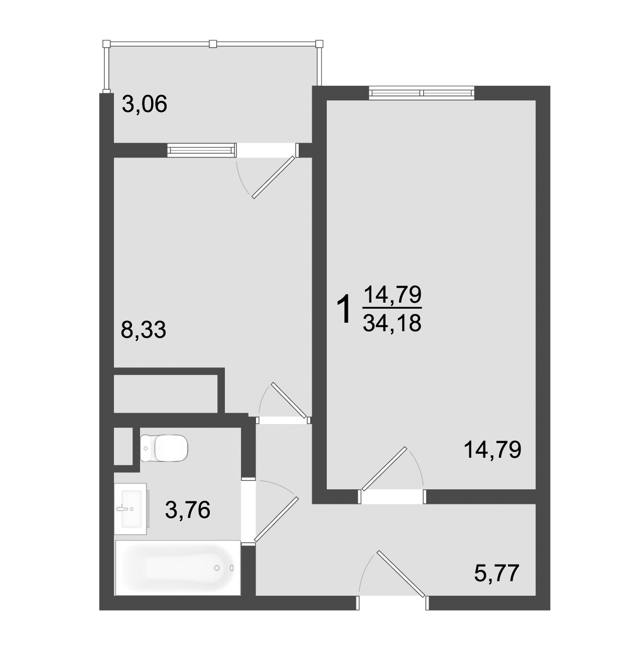 1 комн. квартира, 34.2 м², 2 этаж 