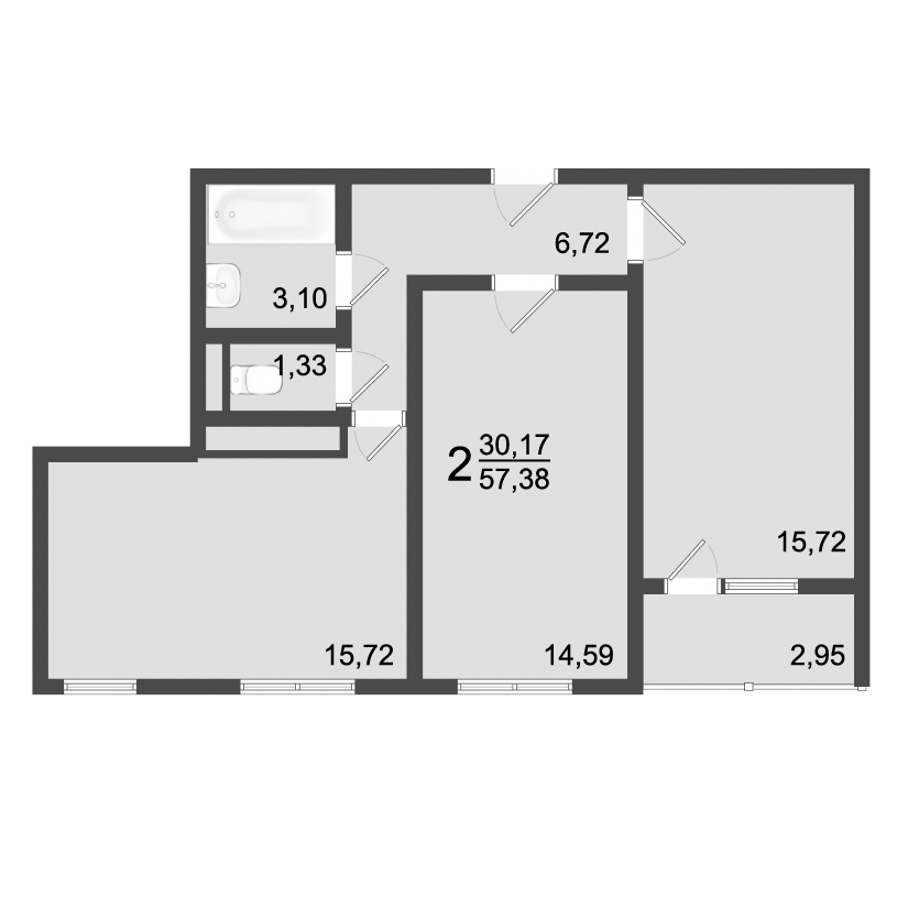 3 комн. квартира, 57.4 м², 2 этаж 