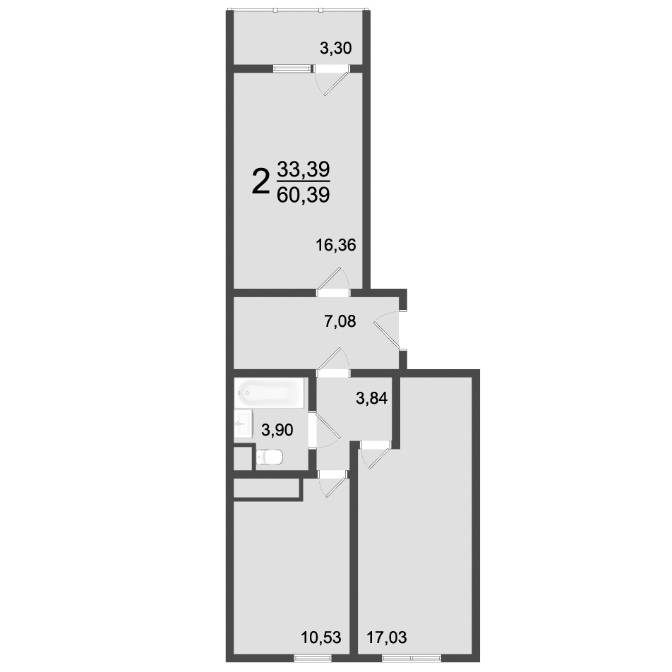 2 комн. квартира, 60.4 м², 3 этаж 
