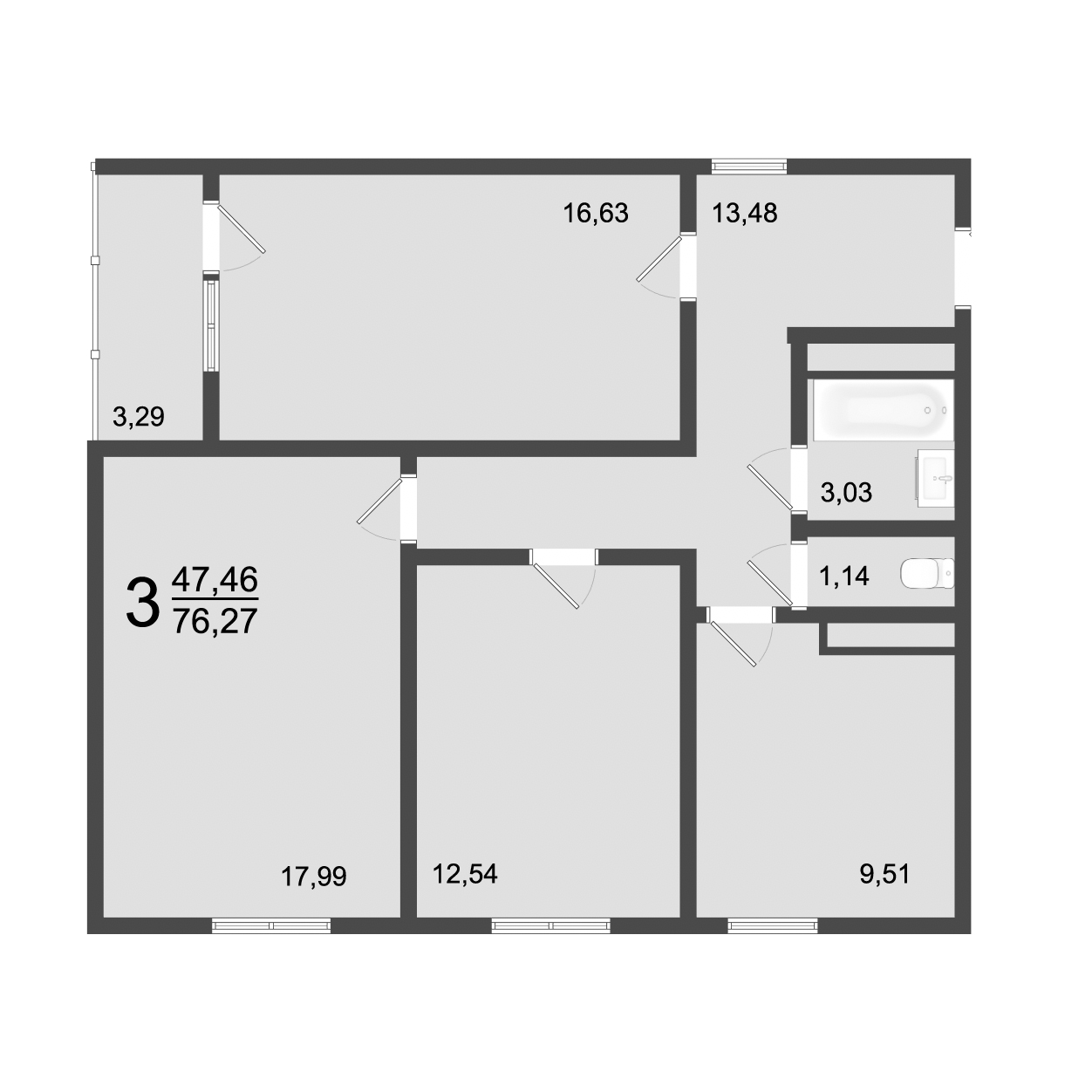 3 комн. квартира, 76.3 м², 2 этаж 