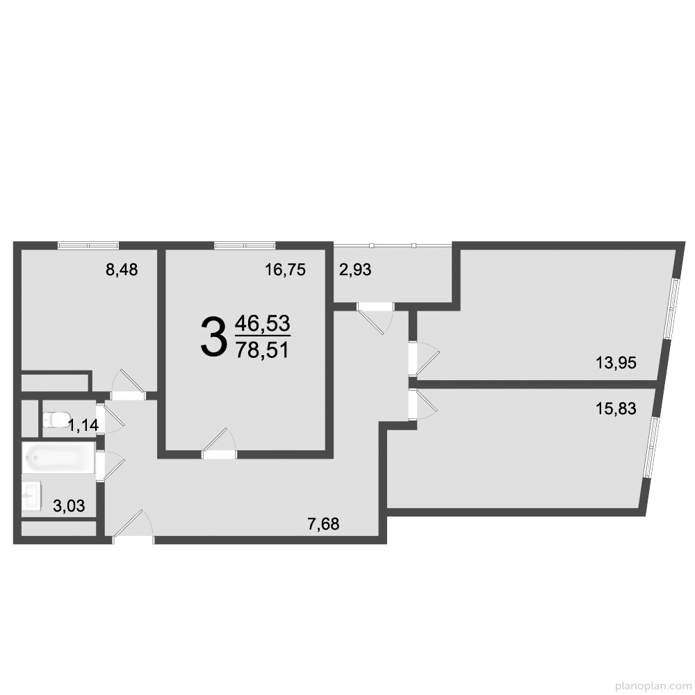 3 комн. квартира, 78.5 м², 2 этаж 