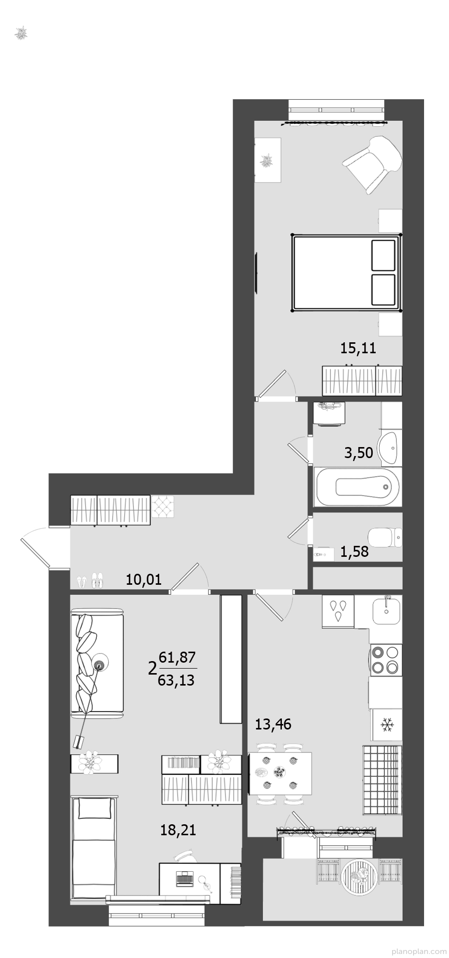 2 комн. квартира, 63.1 м², 2 этаж 