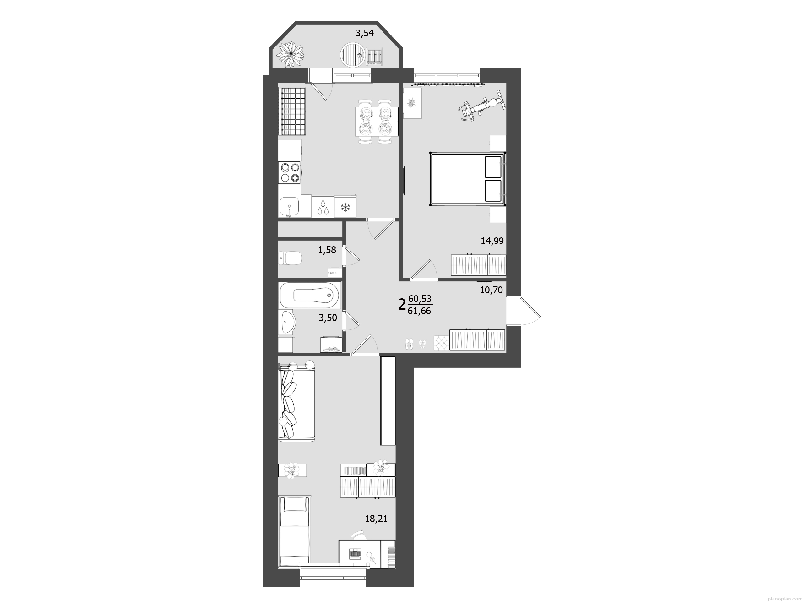 2 комн. квартира, 61.7 м², 6 этаж 