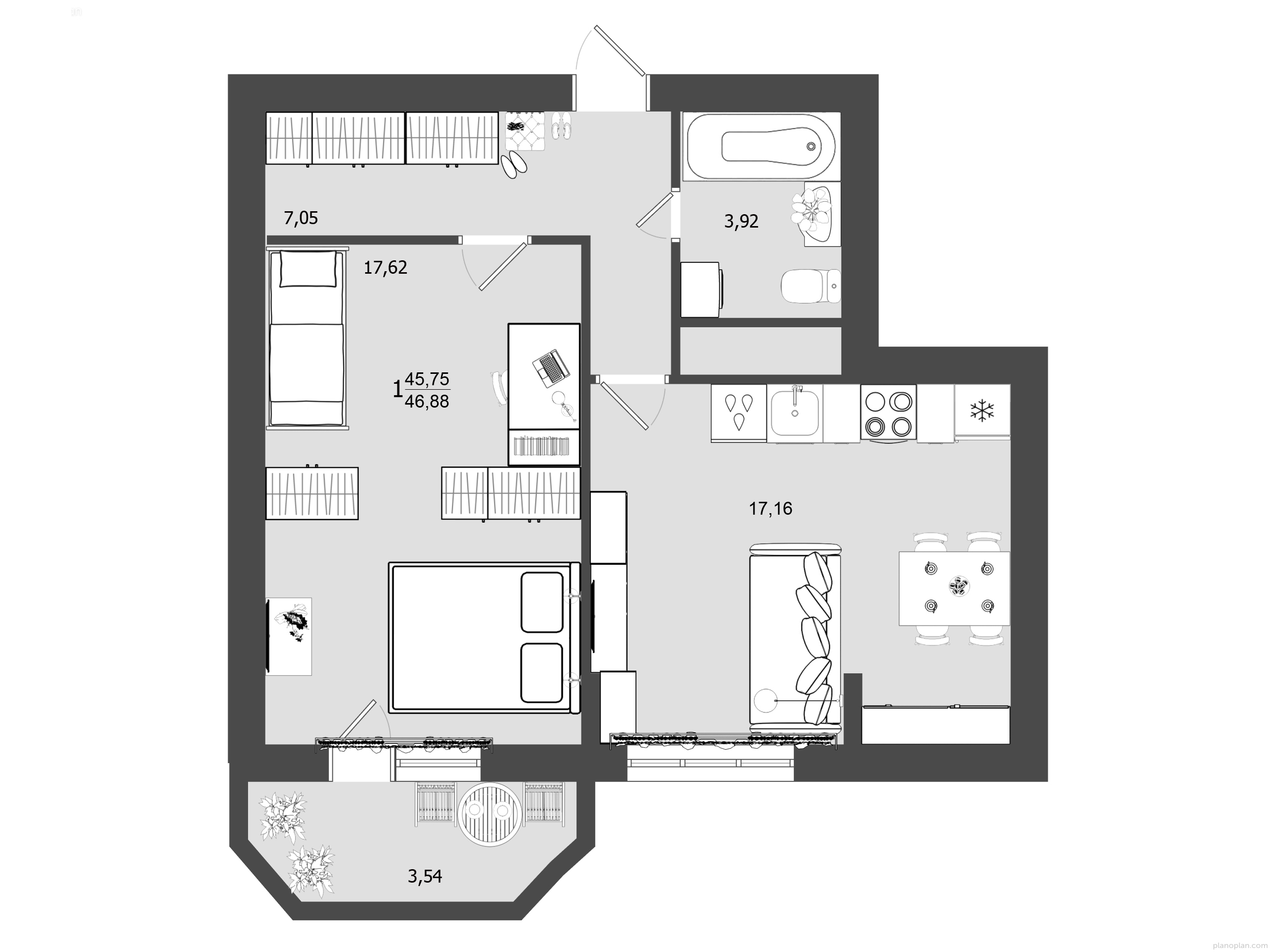 1 комн. квартира, 46.9 м², 8 этаж 
