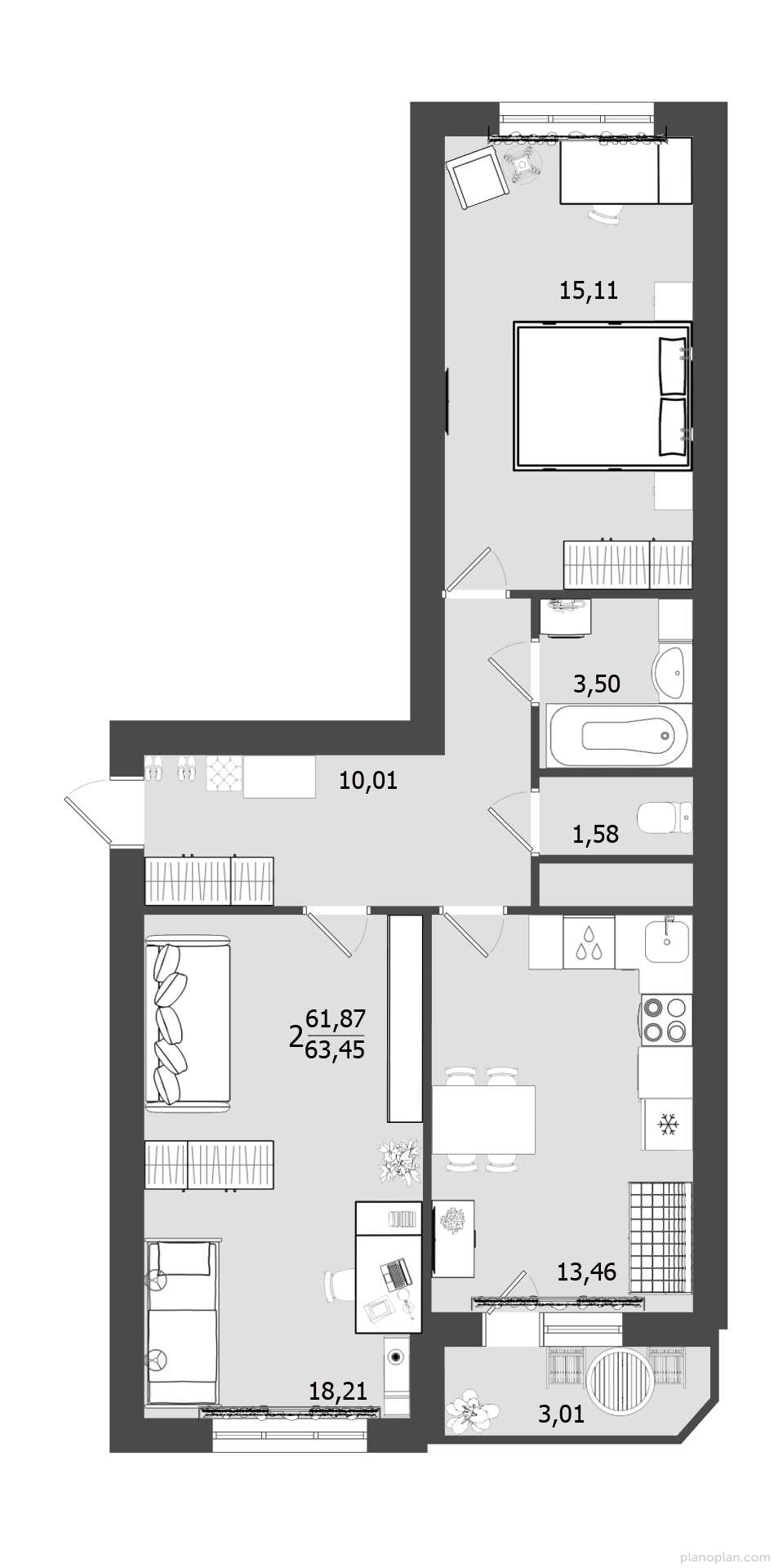2 комн. квартира, 63.5 м², 2 этаж 