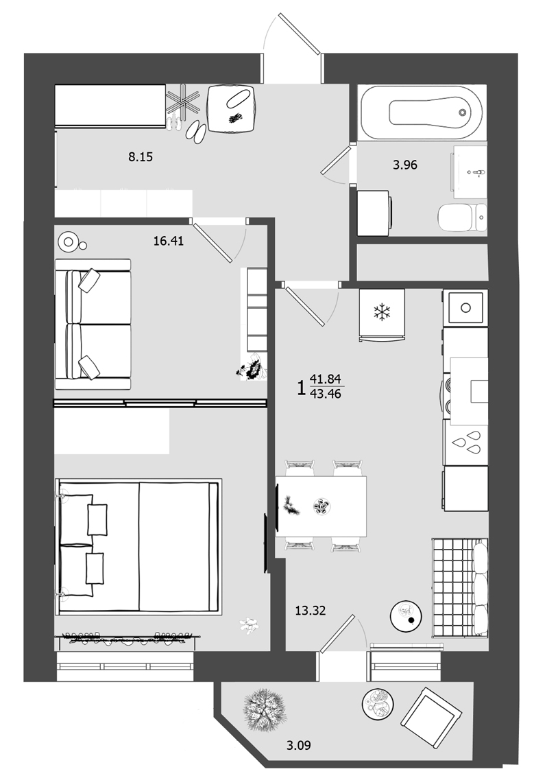 1 комн. квартира, 43.5 м², 5 этаж 