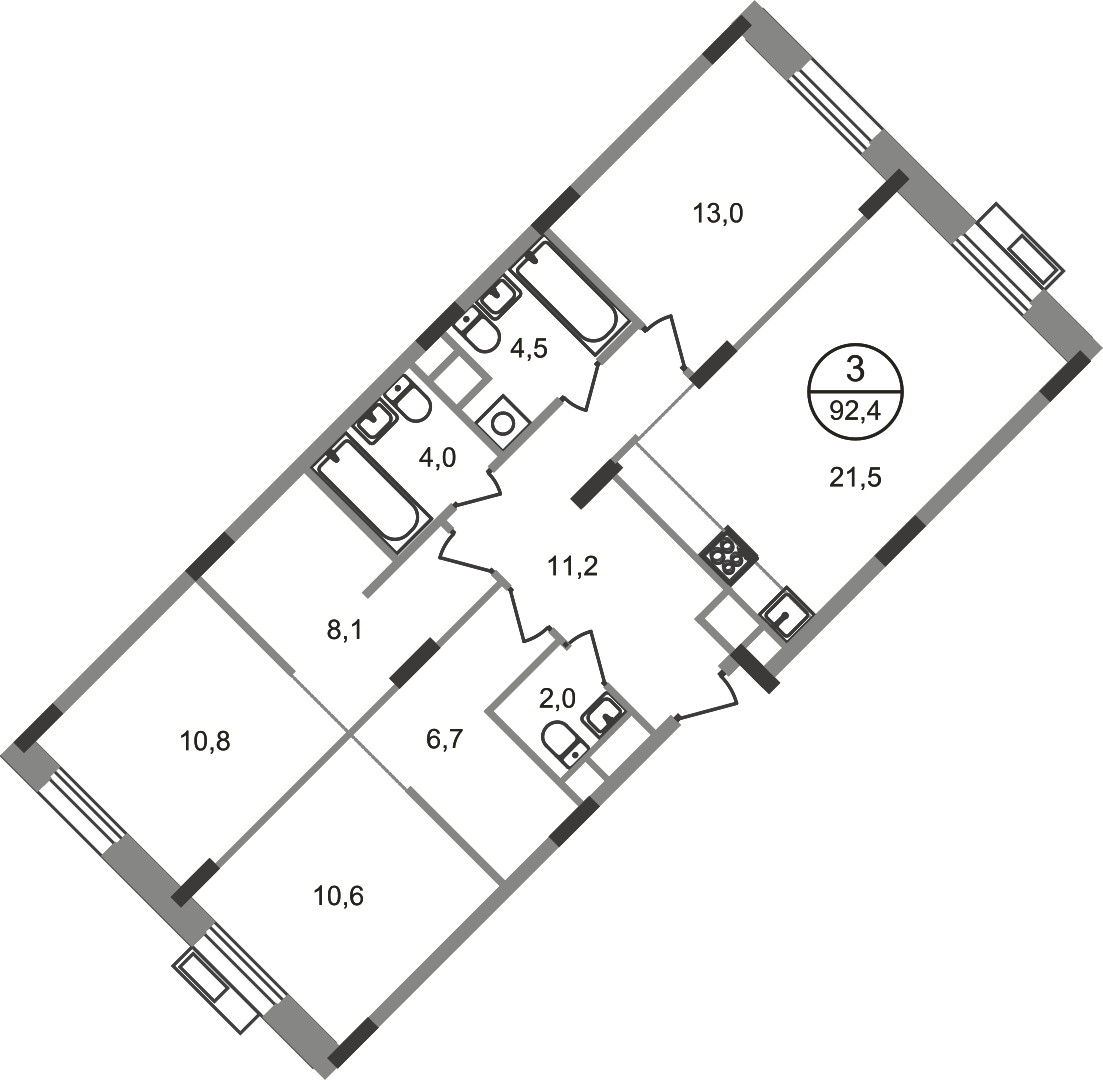 3 комн. квартира, 92.4 м², 5 этаж  (из 9)
