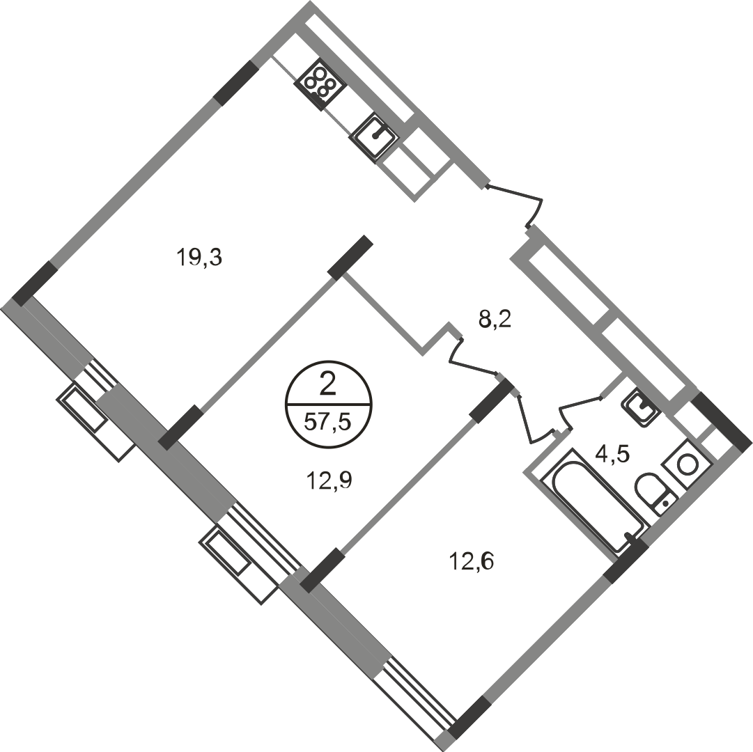 2 комн. квартира, 57.5 м², 2 этаж  (из 9)