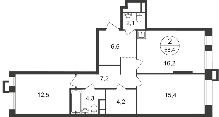 2 комн. квартира, 68.4 м², 10 этаж  (из 21)