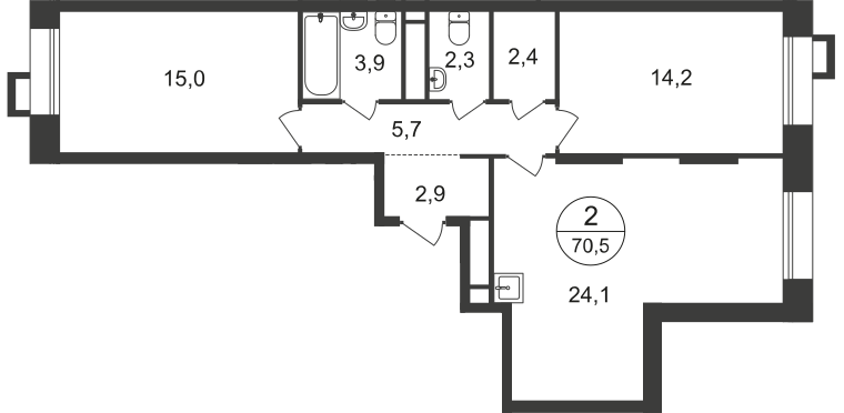 2 комн. квартира, 70.5 м², 6 этаж  (из 21)
