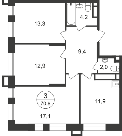 3 комн. квартира, 70.8 м², 13 этаж  (из 21)