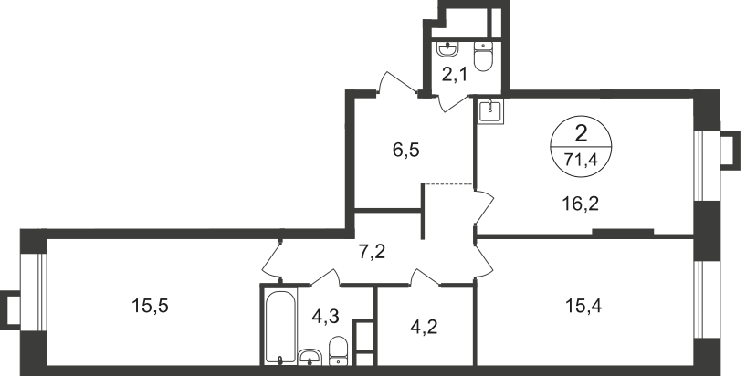 2 комн. квартира, 71.4 м², 6 этаж  (из 21)