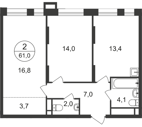 2 комн. квартира, 61 м², 8 этаж  (из 21)