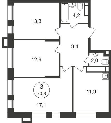 3 комн. квартира, 70.8 м², 10 этаж  (из 21)