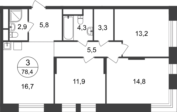 3 комн. квартира, 78.4 м², 7 этаж  (из 22)