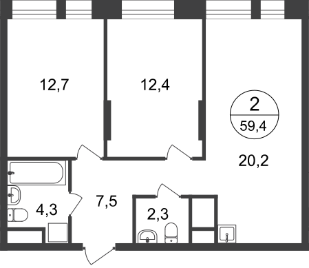 2 комн. квартира, 59.4 м², 8 этаж  (из 22)