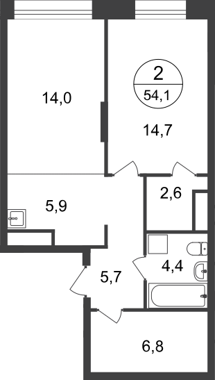 2 комн. квартира, 54.1 м², 16 этаж  (из 22)