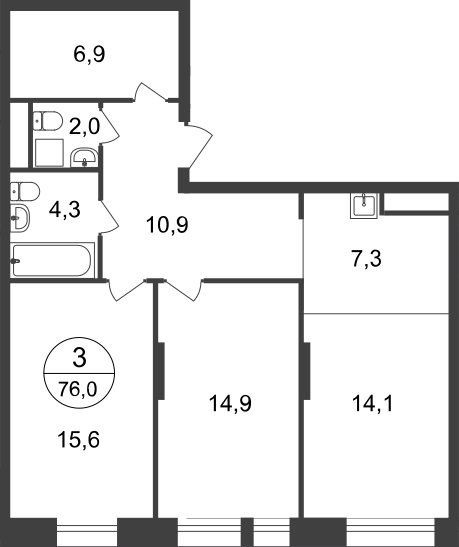 3 комн. квартира, 76 м², 11 этаж  (из 22)