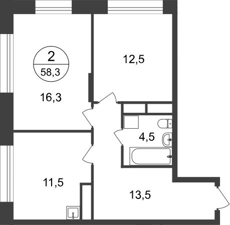 2 комн. квартира, 58.3 м², 15 этаж  (из 22)