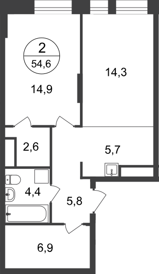 2 комн. квартира, 54.6 м², 16 этаж  (из 22)