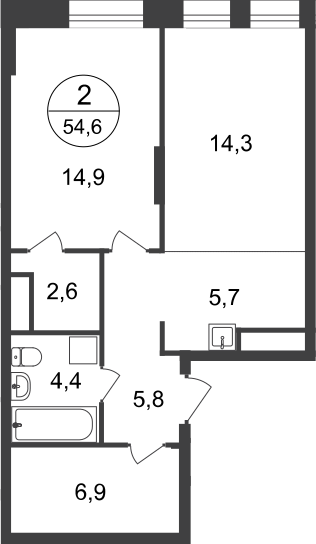 2 комн. квартира, 54.6 м², 14 этаж  (из 22)