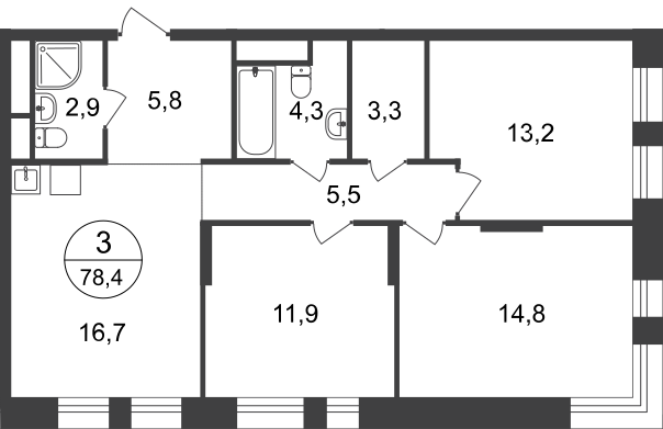 3 комн. квартира, 78.4 м², 15 этаж  (из 22)