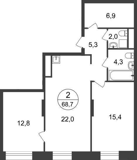 2 комн. квартира, 68.7 м², 15 этаж  (из 22)