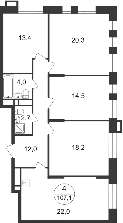 4 комн. квартира, 107.1 м², 6 этаж  (из 20)