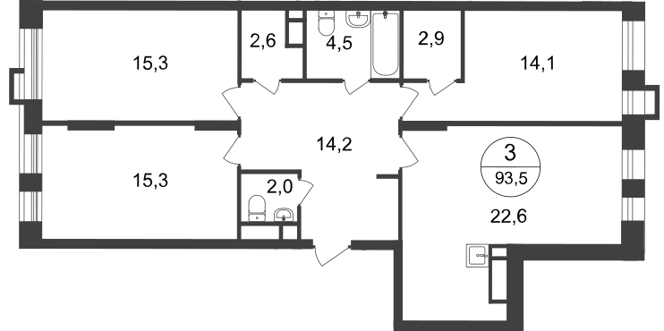 3 комн. квартира, 93.5 м², 13 этаж  (из 20)